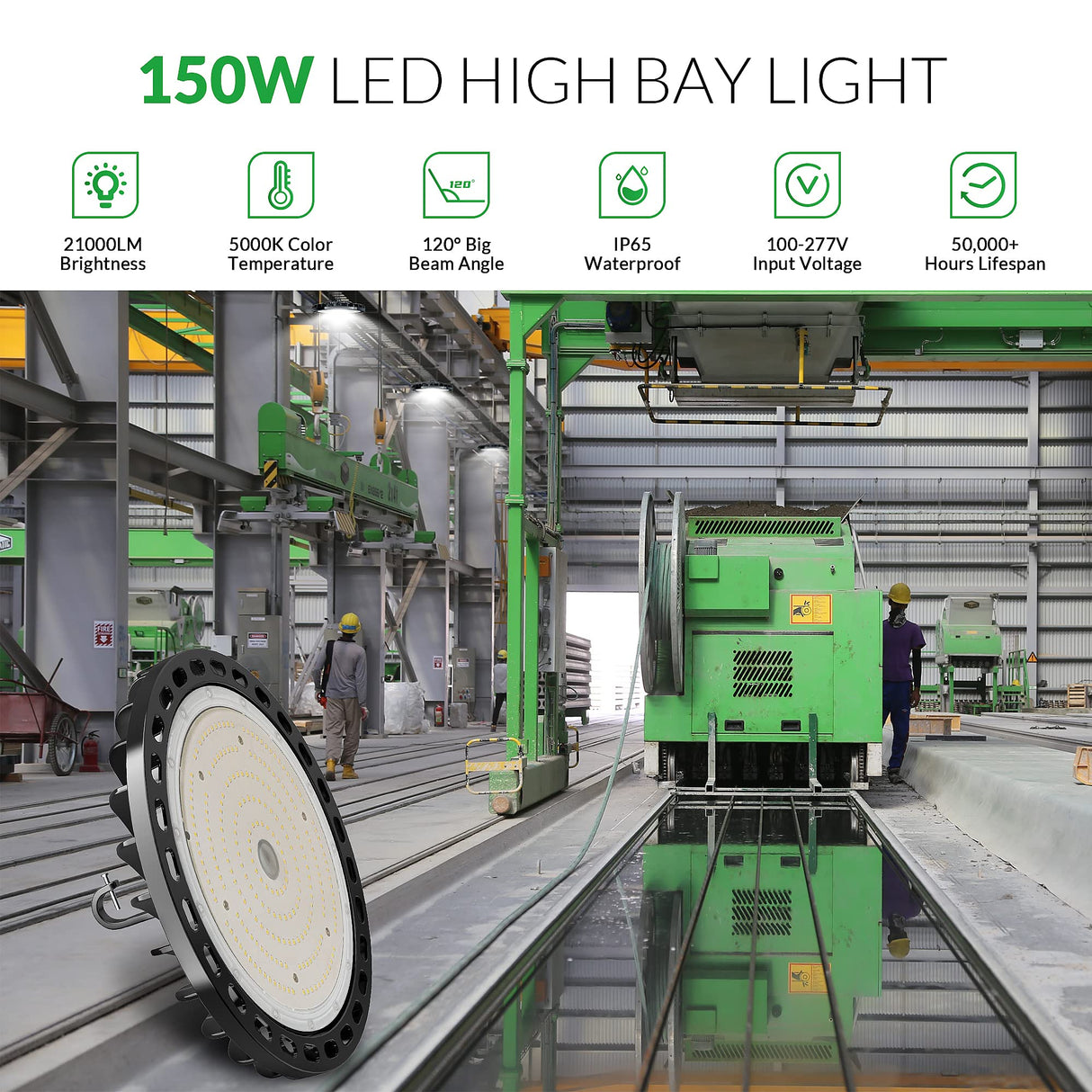 Flakeeper LED High Bay Light 150W, 21000 LM with US Plug 5ft Cable, 5000K Daylight, IP65 Waterproof, UFO Commercial Industrial Warehouse Workshop Flakeeper