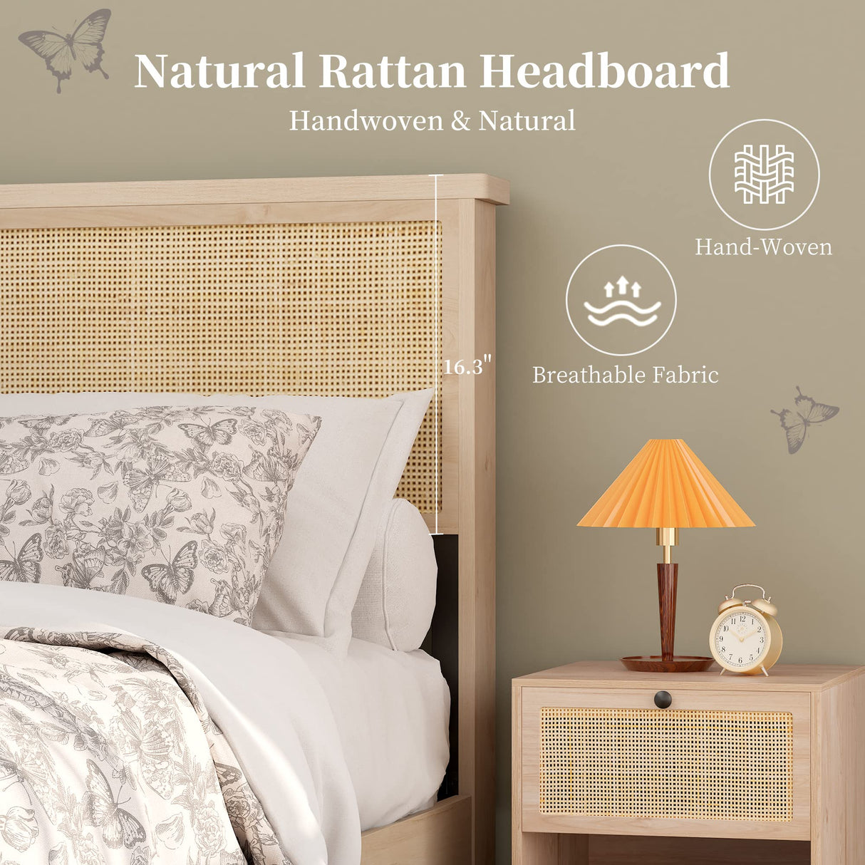 Yechen Boho Queen Bed Frame with Rattan Headboard and 4 Storage Drawers Yechen