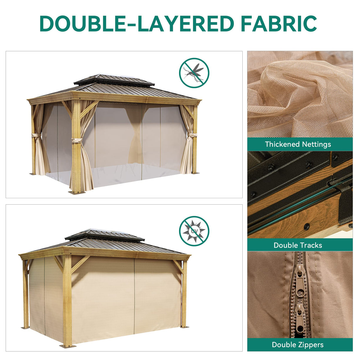 YITAHOME 10x12ft Hardtop Gazebo with Nettings and Curtains, Wood Grain Heavy Duty Double Roof Galvanized Steel Outdoor Combined of Vertical Stripes YITAHOME