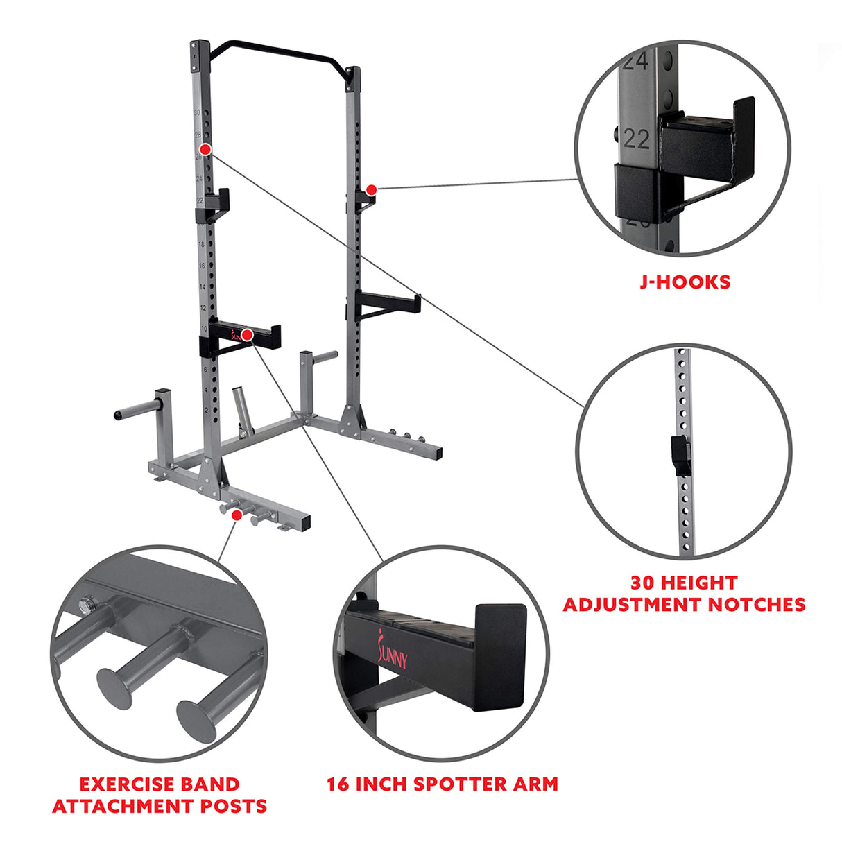 Sunny Health & Fitness Power and Squat Rack with High Weight Capacity, Olympic Weight Plate Storage and 360° Swivel Landmine and Power Band Sunny Health & Fitness