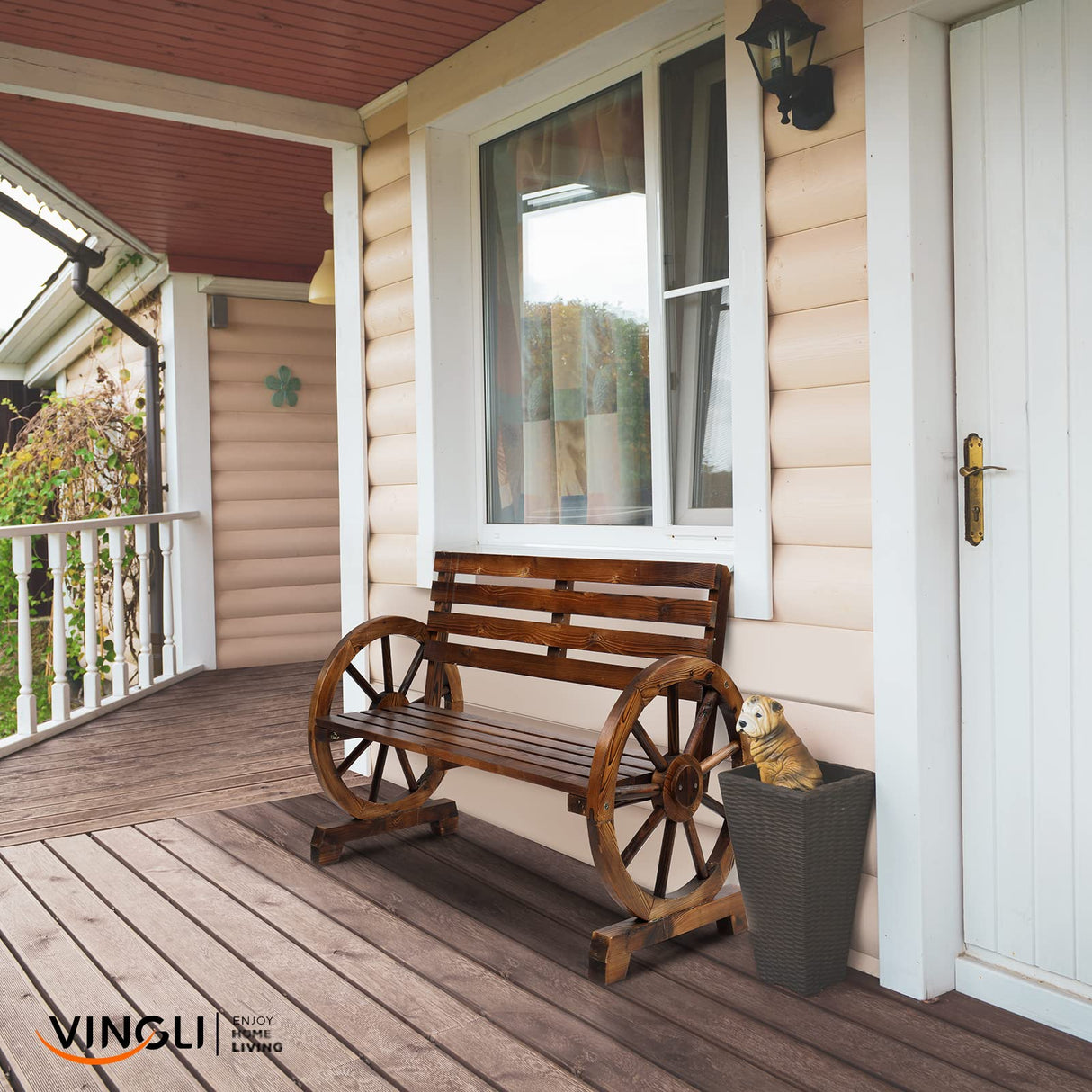 VINGLI 41" Rustic Wooden Wheel Bench - Stylish 2-Person Outdoor Patio Seat with High Capacity VINGLI