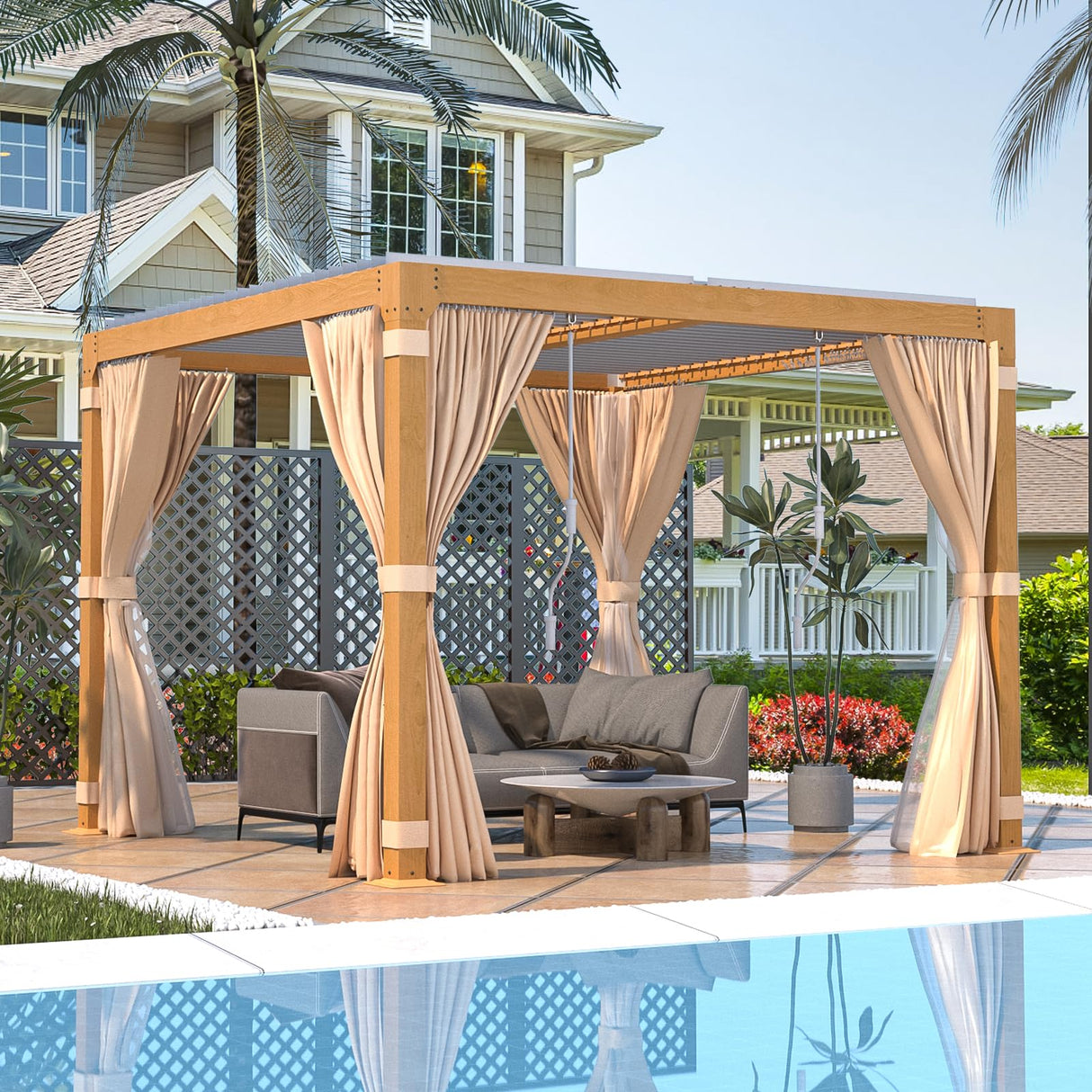 EROMMY Louvered Pergola 10' x 10' Outdoor Hard Top Gazebo with Wooden Grain Aluminum Frame and Adjustable Metal Rainproof Roof for Garden & Patio, EROMMY