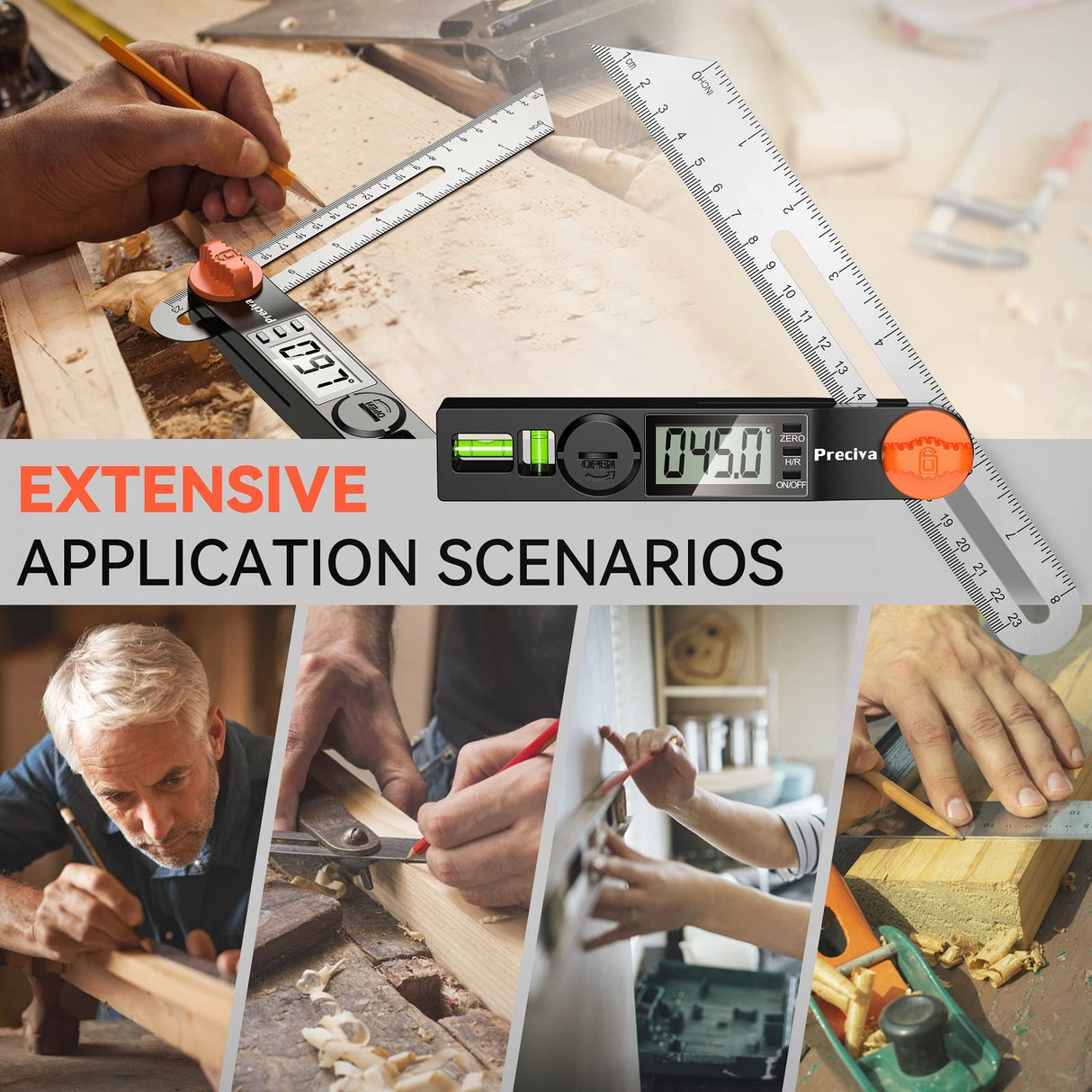 Preciva T-Bevel Gauge & Protractor with Horizontal and Vertical Bubble,0-338° Digital Angle Finder Protractor 230mm/8inch Display for Carpentry Preciva
