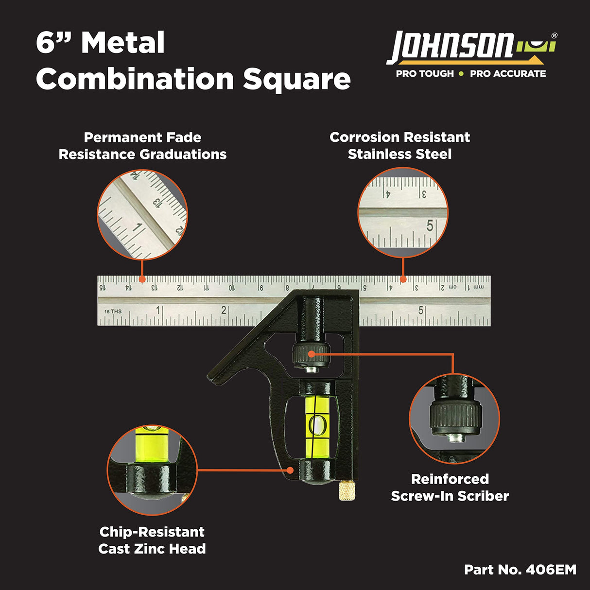 Johnson Level & Tool 406EM Professional Inch/Metric Combination Square, 6", Silver, 1 Square Johnson