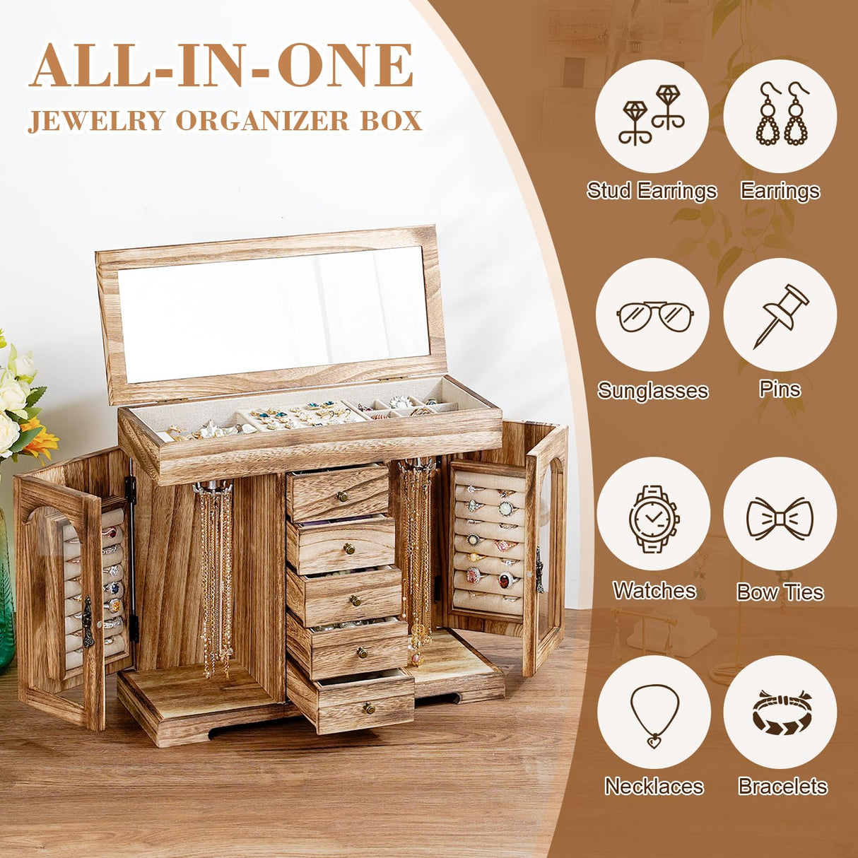 Miratino Jewelry Box for Women Girls, Rustic Wooden Jewelry Organizer Box with Mirror, 5 Layer Jewelry Storage Case Display for Necklaces Earrings Miratino