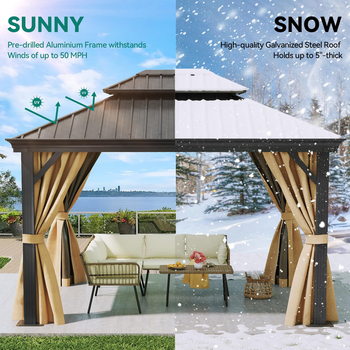 YITAHOME 10x12ft Gazebo Double Roof Hardtop with Nettings and Curtains, Heavy Duty Galvanized Steel Outdoor Vertical Stripes Roof for Patio, YITAHOME