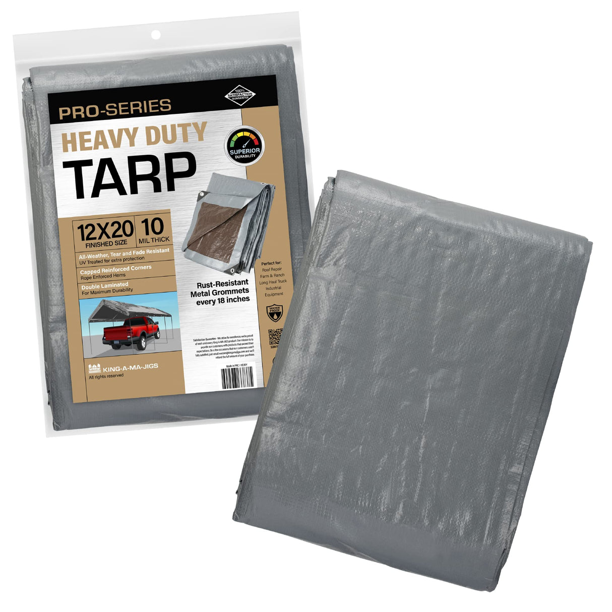 12x20 Heavy Duty Tarp, 10 Mil Thick, Waterproof, Tear & Fade Resistant, High Durability, UV Treated, Grommets Every 18 Inches. (Silver/Brown - KING-A-MA-JIGS