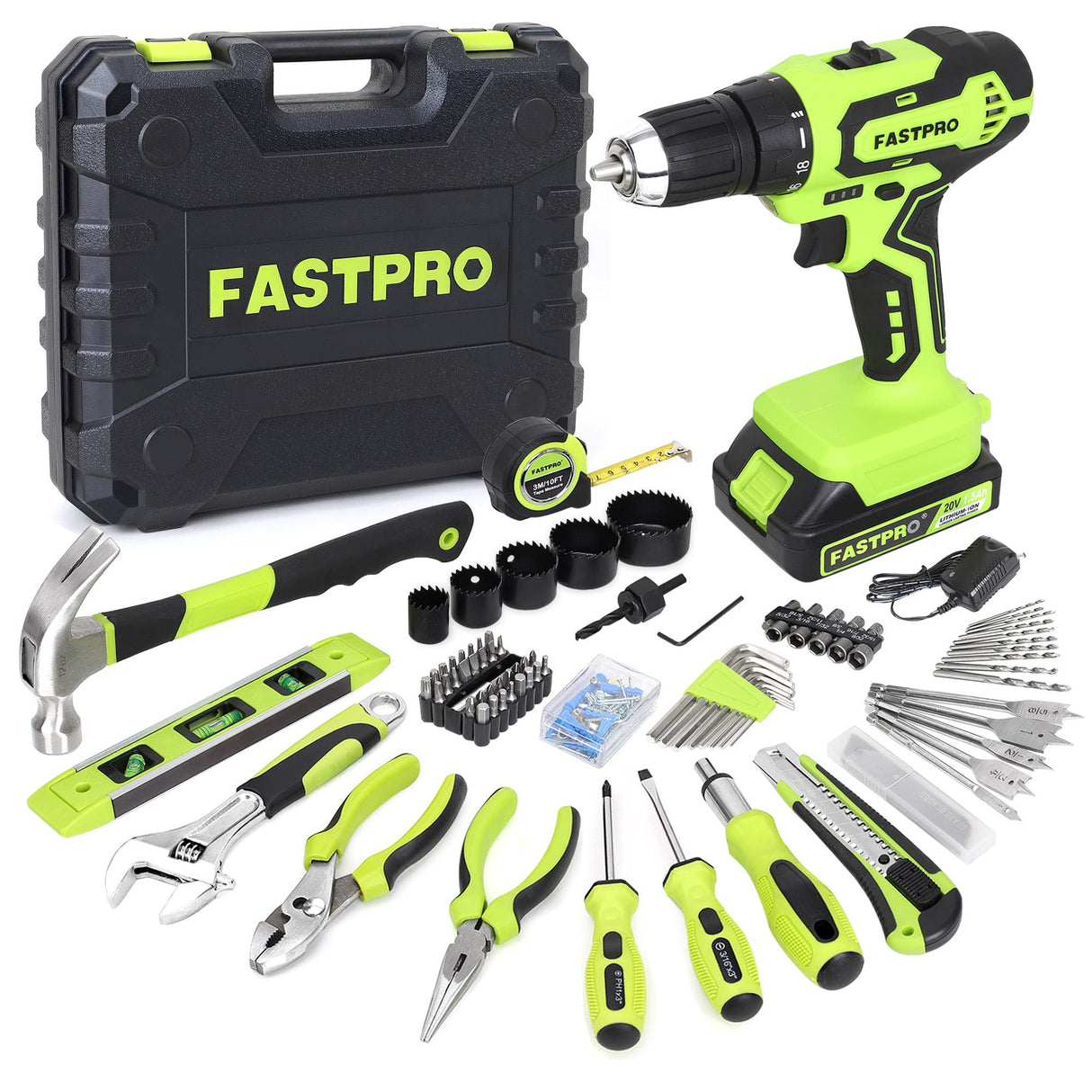 FASTPRO 177-Piece 20V Cordless Lithium-ion Drill Driver and Home Tool Set, Household Repairing Kit with in Storage Case, Green FASTPRO