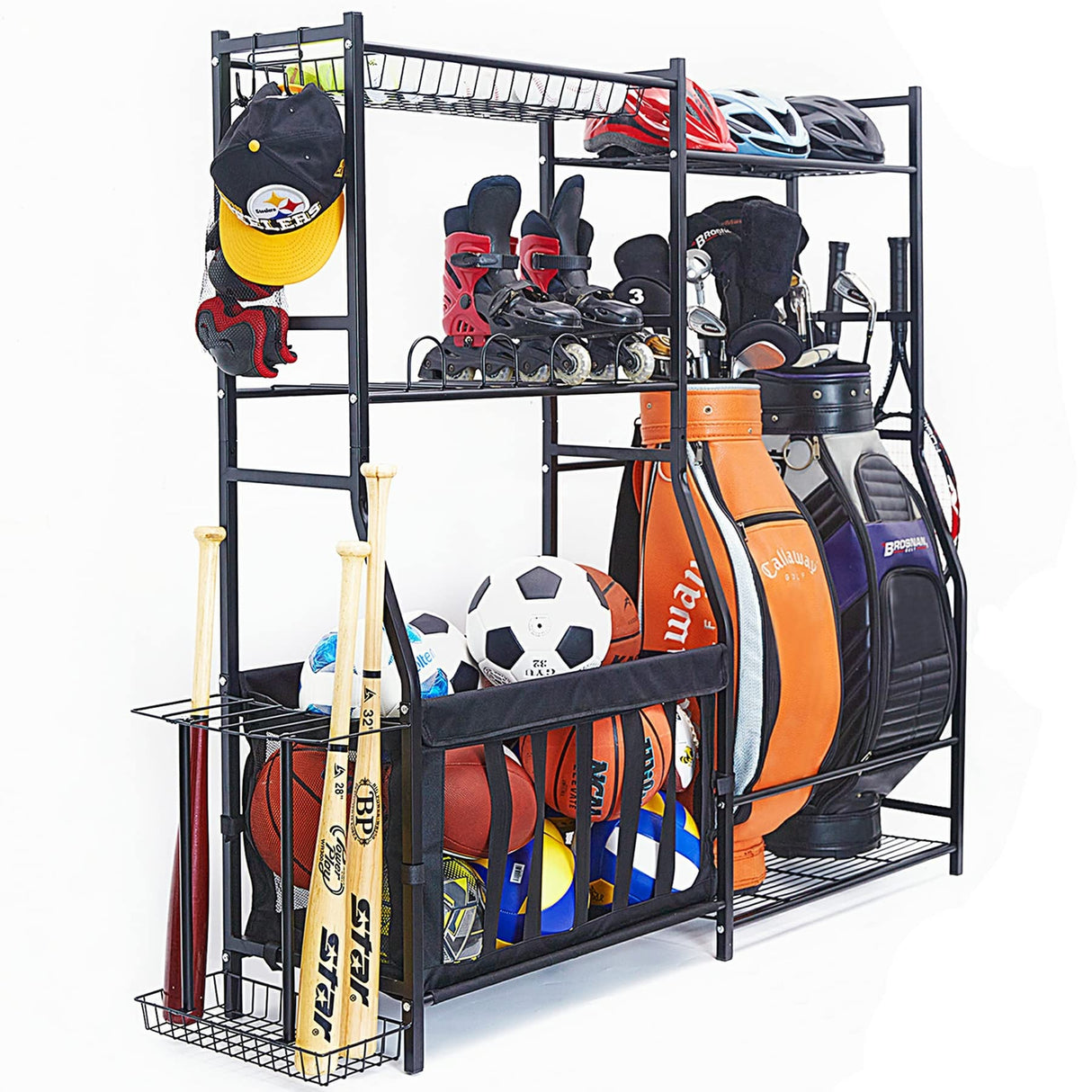 WALMANN Garage Sports Equipment Organizer, Golf Bag Stand for Garage Ball Storage Rack Indoor/Outdoor Kids Toys Storage Organizer Bins, Ball Holder WALMANN