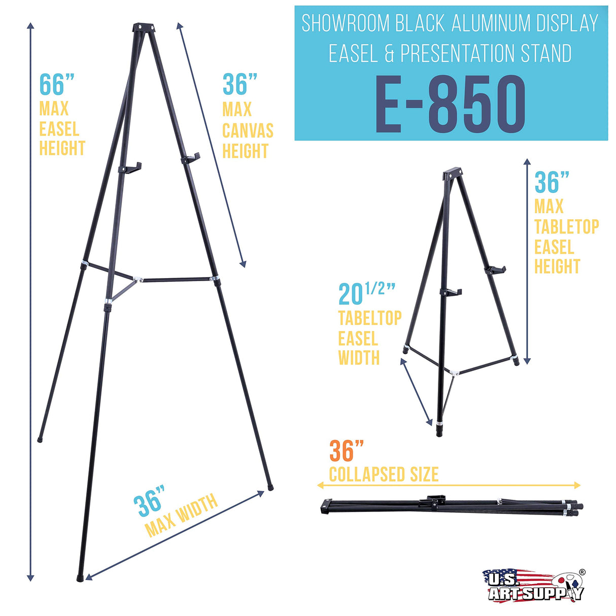 U.S. Art Supply 66" High Showroom Black Aluminum Display Easel and Presentation Stand - Large Adjustable Height Portable Tripod, Holds 25 lbs - Floor US Art Supply