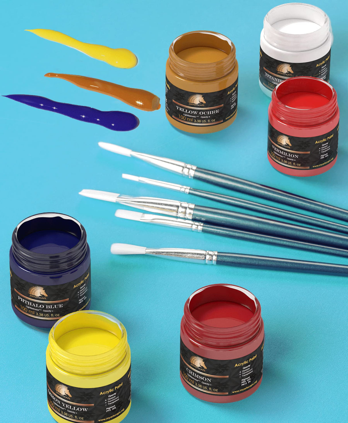 MyArtscape Acrylic Paint Set - 12 x 100ml Bottles - Artist Quality Paints - Lightfast - Heavy Body - Highly Pigmented Colors with Great Coverage - MyArtscape