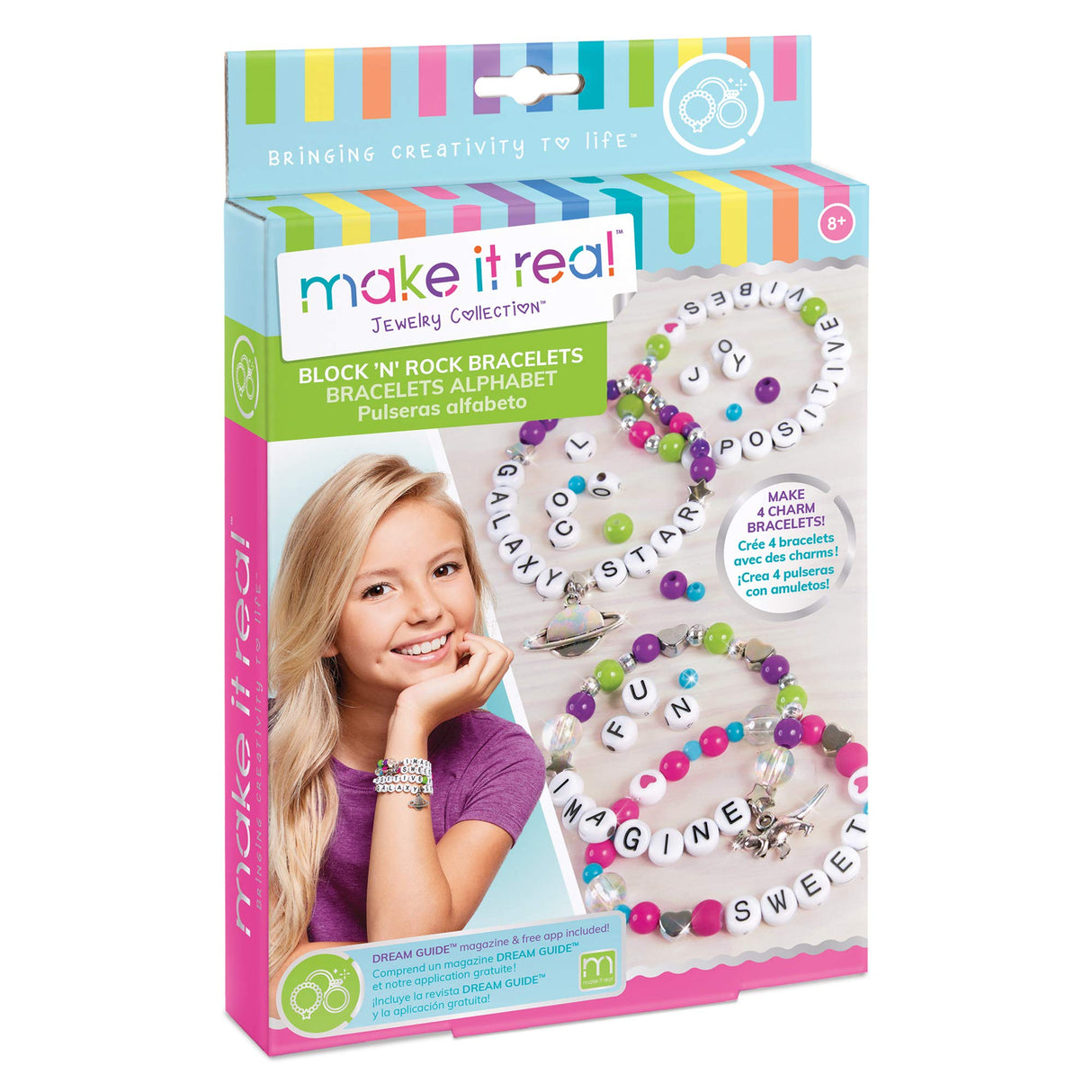 Make It Real: Block ‘N Rock Bracelets Kit - Create 4 Unique Letter Charm Bracelets, 147 Pieces, Includes Play Tray, All-in-One, DIY Bead Jewelry Kit, Make It Real