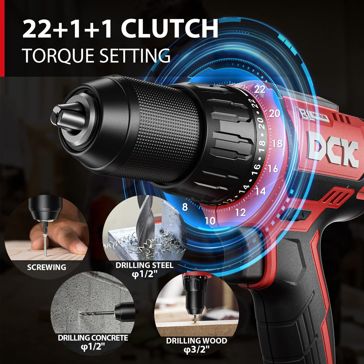 DCK Brushless Hammer Drill, 20V Max Hammer Drill Cordless, 531In-lb,36000 BPM,1/2" All-Metal Chuck, Variable Speeds, 22+1+1 Torque Setting, 4.0Ah DCK