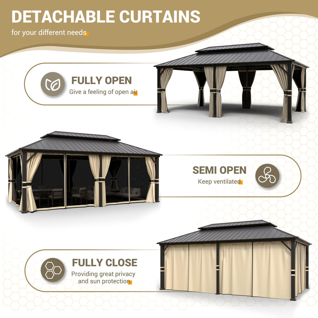 UDPATIO 12' x 20' Hardtop Gazebo, Outdoor Aluminum Gazebo with Galvanized Steel Double Roof, Permanent Metal Canopy with Curtains and Netting for UDPATIO