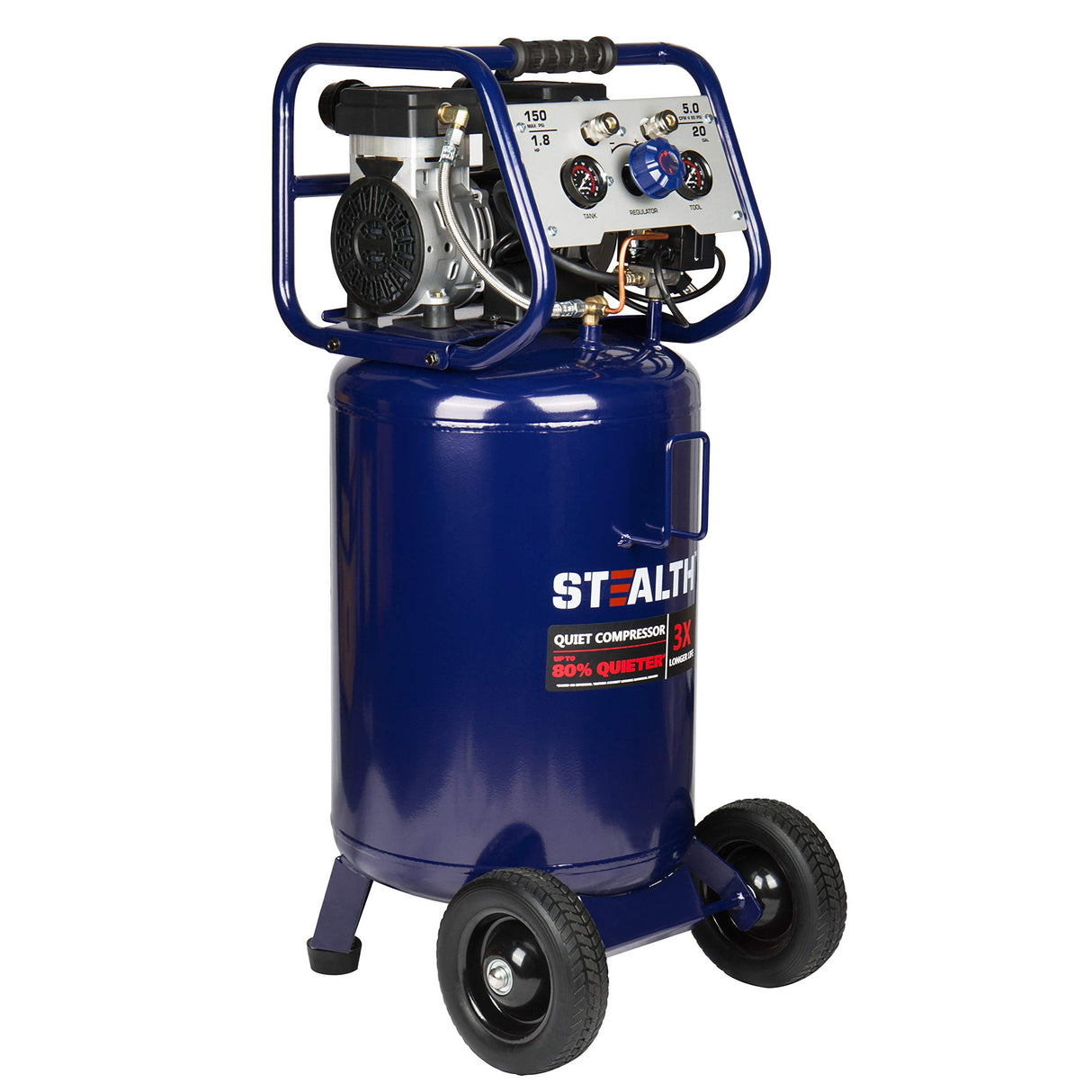Stealth 20 Gallon Ultra Quiet Air Compressor,1.8 HP Oil-Free Peak 150 PSI 68 Decibel Air Compressor,5.5 CFM @ 40 PSI 5 CFM @ 90 PSI Silent Portable Stealth