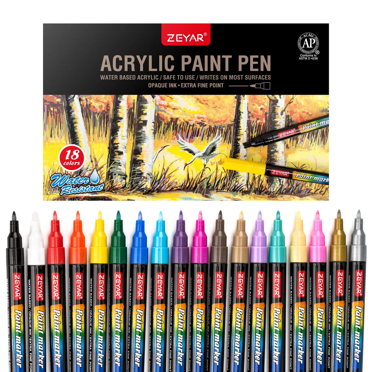 ZEYAR Premium Acrylic Paint Pen, Water Based, Extra Fine Point, 18 Colors, Odorless, Acid Free and Safe, Opaque Ink, Environmental Friendly, AP ZEYAR