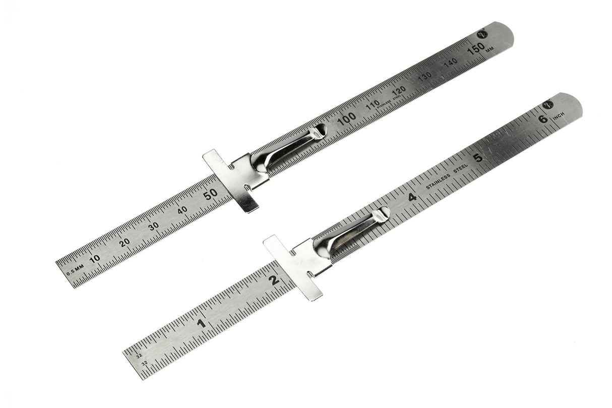 SE Stainless Steel SAE Metric Ruler Set - Stainless Steel Precision Ruler Measuring Tool - Detachable Clips - Set of 2 Pcs - 925PSR-2 SE
