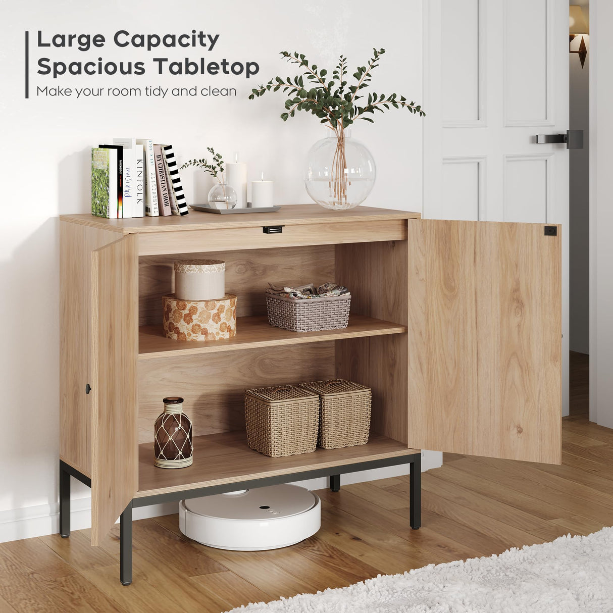 Brafab Set of 2 Sideboard Buffet Cabinet with Storage, Sideboard Cabinet with Natural Rattan Decorated Doors, Rattan Cabinet, for Living Room, Brafab