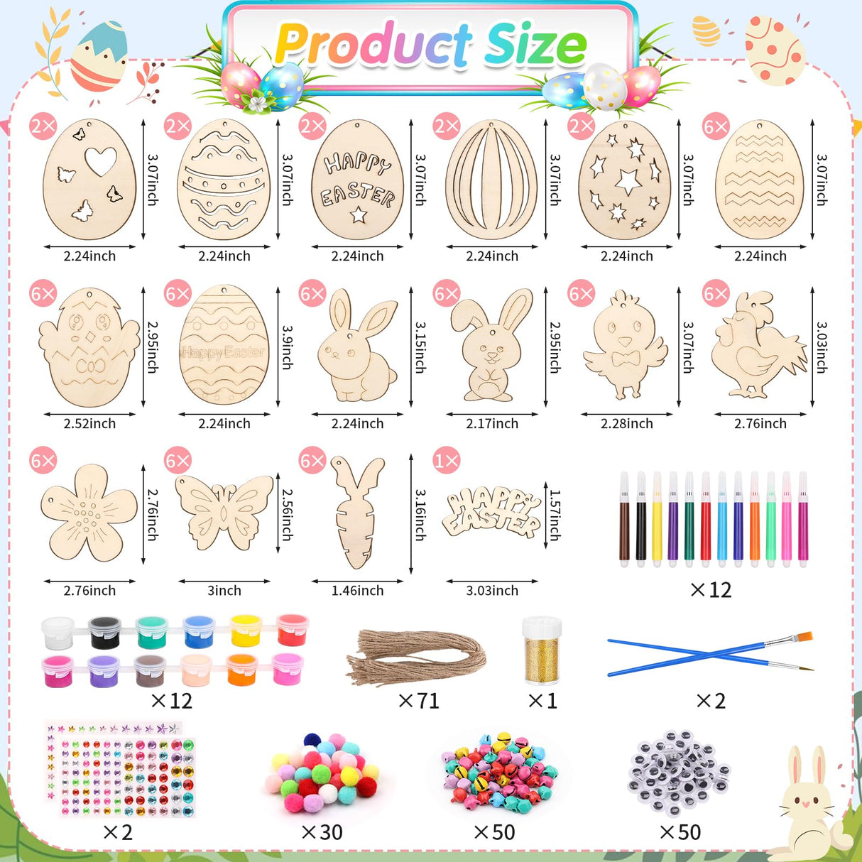 Sublaga 301 PCS Easter Wooden Hanging Ornaments Unfinished Wood Slices Eggs Easter Crafts for Kids DIY Easter Decorations Party Supplies Decor (301) Sublaga