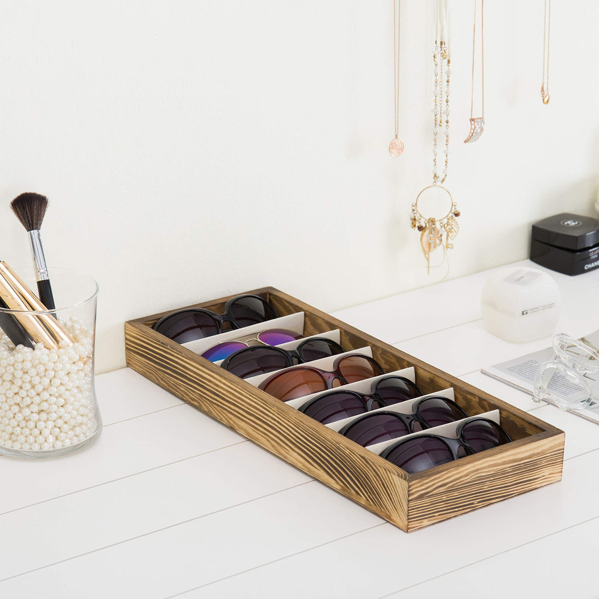 MyGift 7-Slot Burnt Wood Sunglasses and Eyewear Holder Organizer Tray, Jewelry Display Case Storage Drawer Tray MyGift