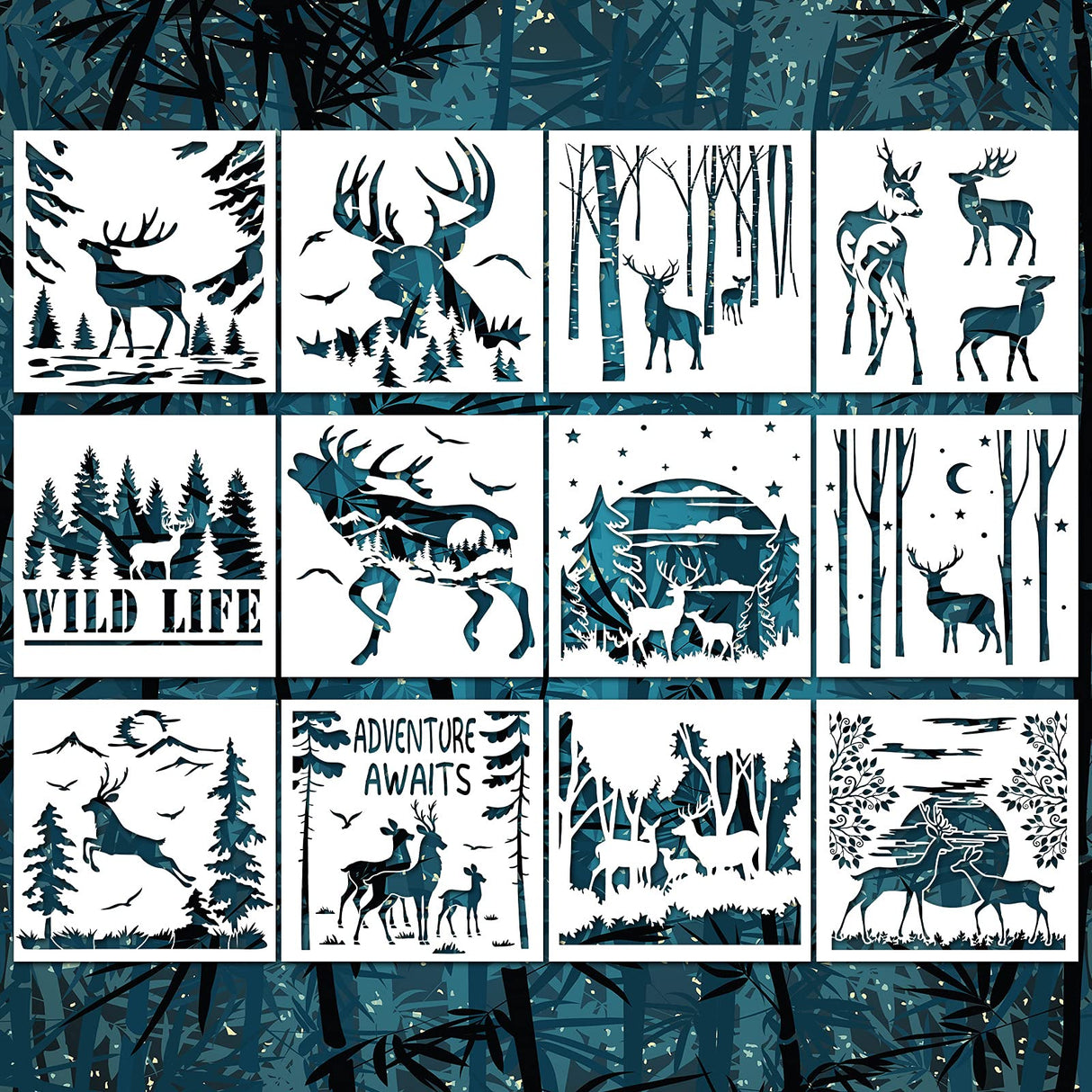 12 Pieces Deer Mountain Stencils for Painting on Wood DIY Animal Moon Tree Stencils Forest Painting Plastic Templates Forest Theme Stencils for Wall Zonon
