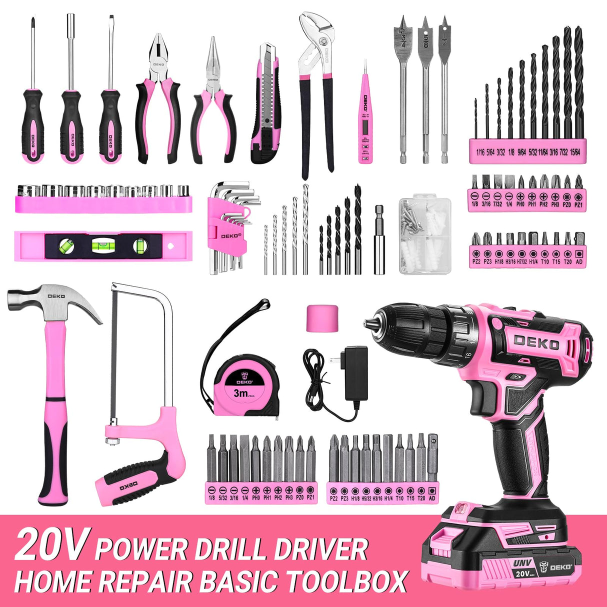 Pink Drill Tool Kit Set: 20V Cordless Power Drill Tool Box with Battery Electric Drill Driver for Men Home Hand Repair Basic Toolbox Tools Sets DEKOPRO