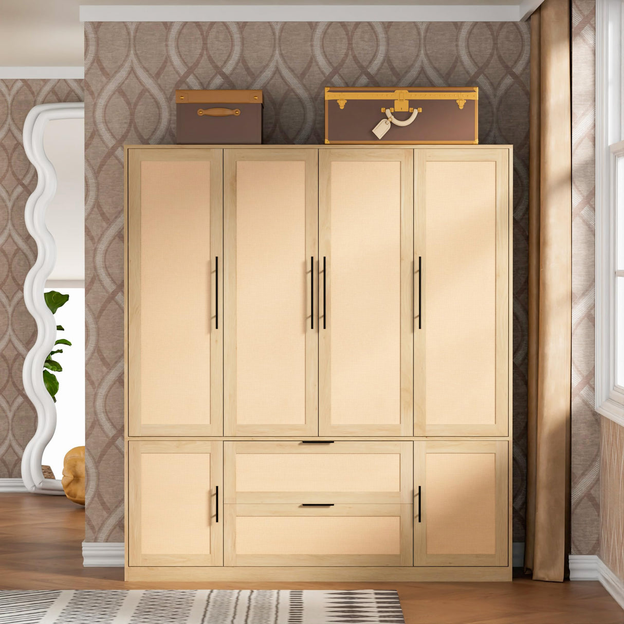 UEV Brown 6 Doors Rattan Armoire Wardrobe Closet,63" Large Armoire Storage Cabinet with 2 Drawers Side Shelves,Wooden Wardrobe Closet with 2 Hanging UEV