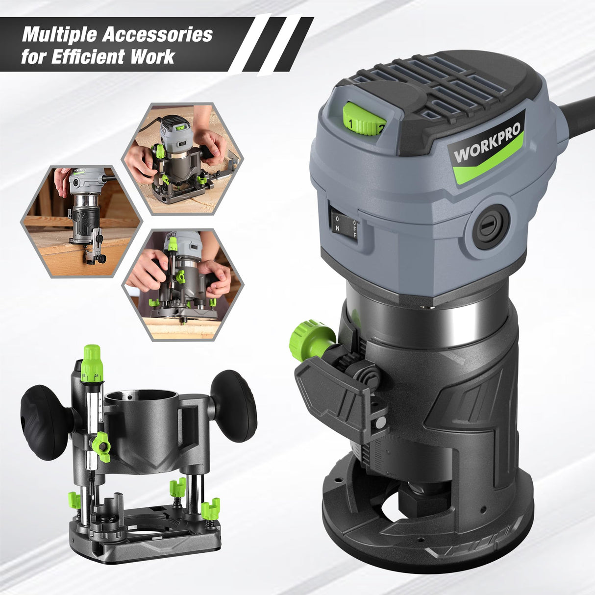 WORKPRO Compact Router Combo Kit, 6.5 Amp Compact Router Fixed Base & Plunge Router for Woodworking Slotting Trimming, 6 Variable Speeds to 32000 RPM WORKPRO