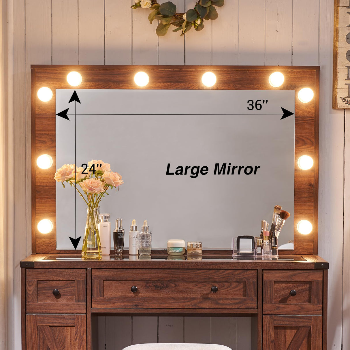 JXQTLINGMU Farmhouse Makeup Vanity Desk with Mirror and Lights, 43'' Glass Tabletop Vanity Table with 3 Drawers & Shelves, Rustic Large Vanity Set JXQTLINGMU