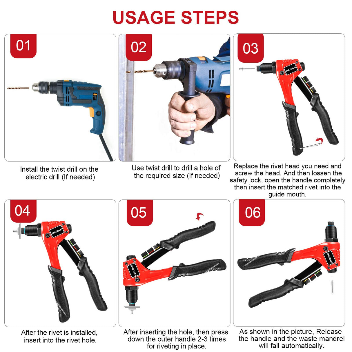 WETOLS Rivet Gun Kit with 120 Pcs Rivets, Manual Rivet Gun with 4 Interchangeable Rivet Heads and 4 Twist Drills, Pop Rivet Gun Kit with Blow Molded WETOLS