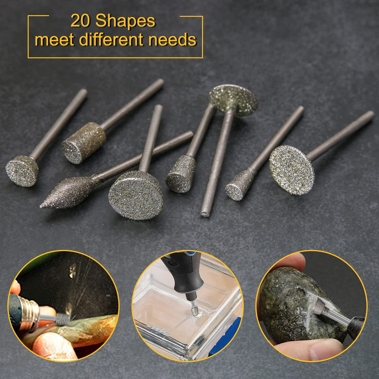 Diamond Burr Set for Dremel, Rotary Tool Grinding Cutting Wheel Stone Glass Tile Jewelry Engraving Rock Etching Masonry 1/8” Die Grinder Carving HOMEIDOL