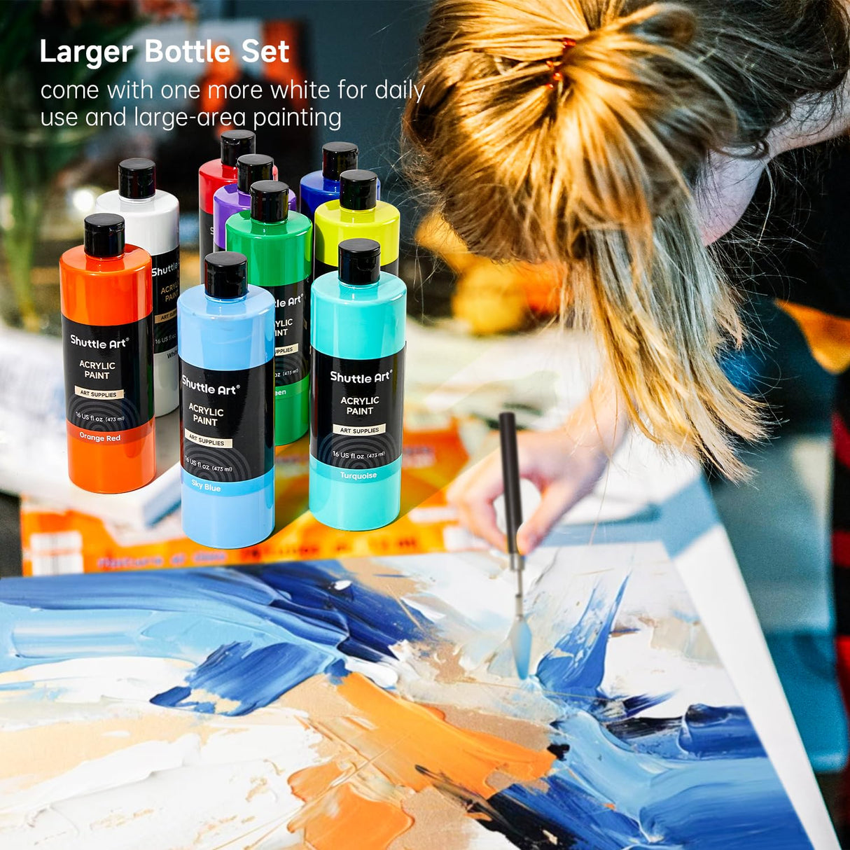 Shuttle Art Acrylic Paint, 15 Pack Acrylic Paint Large Bottle Set, 473ml/16oz Each, 14 Unique Colors and 1 More White, High Viscosity Art Paint for Shuttle Art