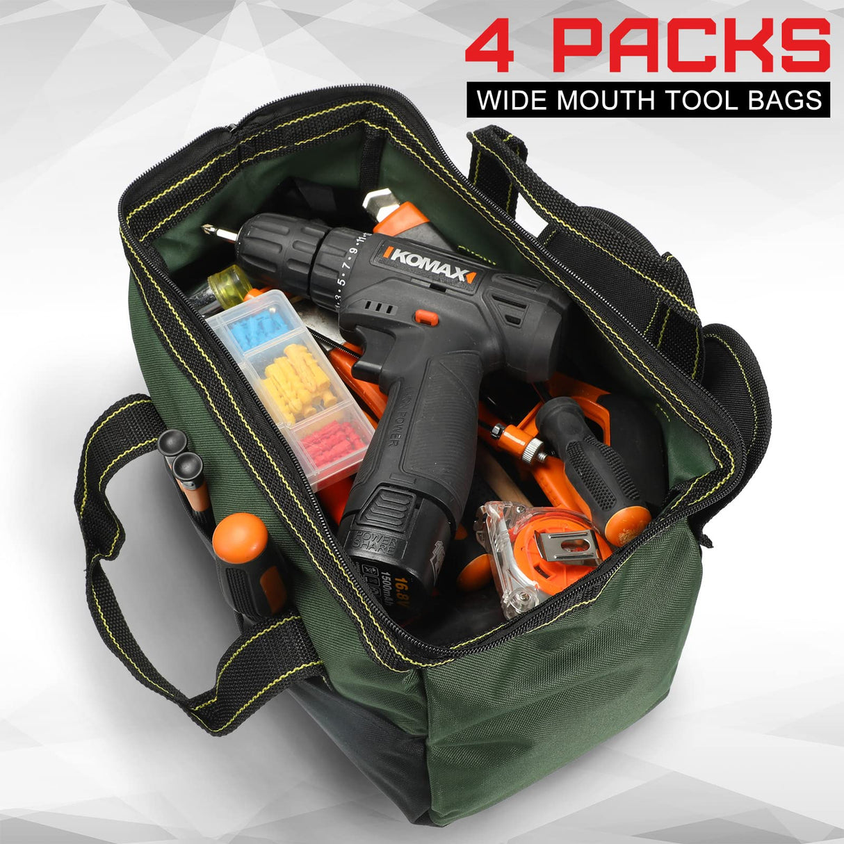 4 Pieces Tool Bag with Waterproof Strong Molded Base Multi Pockets Wide Mouth Tool Tote Multifunctional Tool Bag Large Capacity Organizer Heavy Duty Cunno