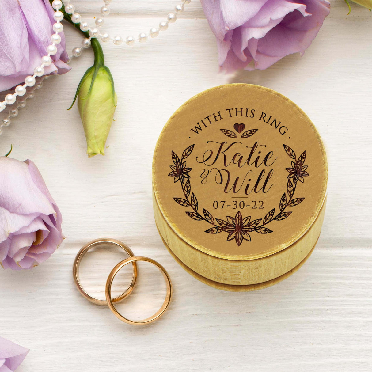 The Wedding Party Store, Custom Engraved Ring Box Holder - Personalized Rustic Round Wood Ring Bearer Wedding Box The Wedding Party Store