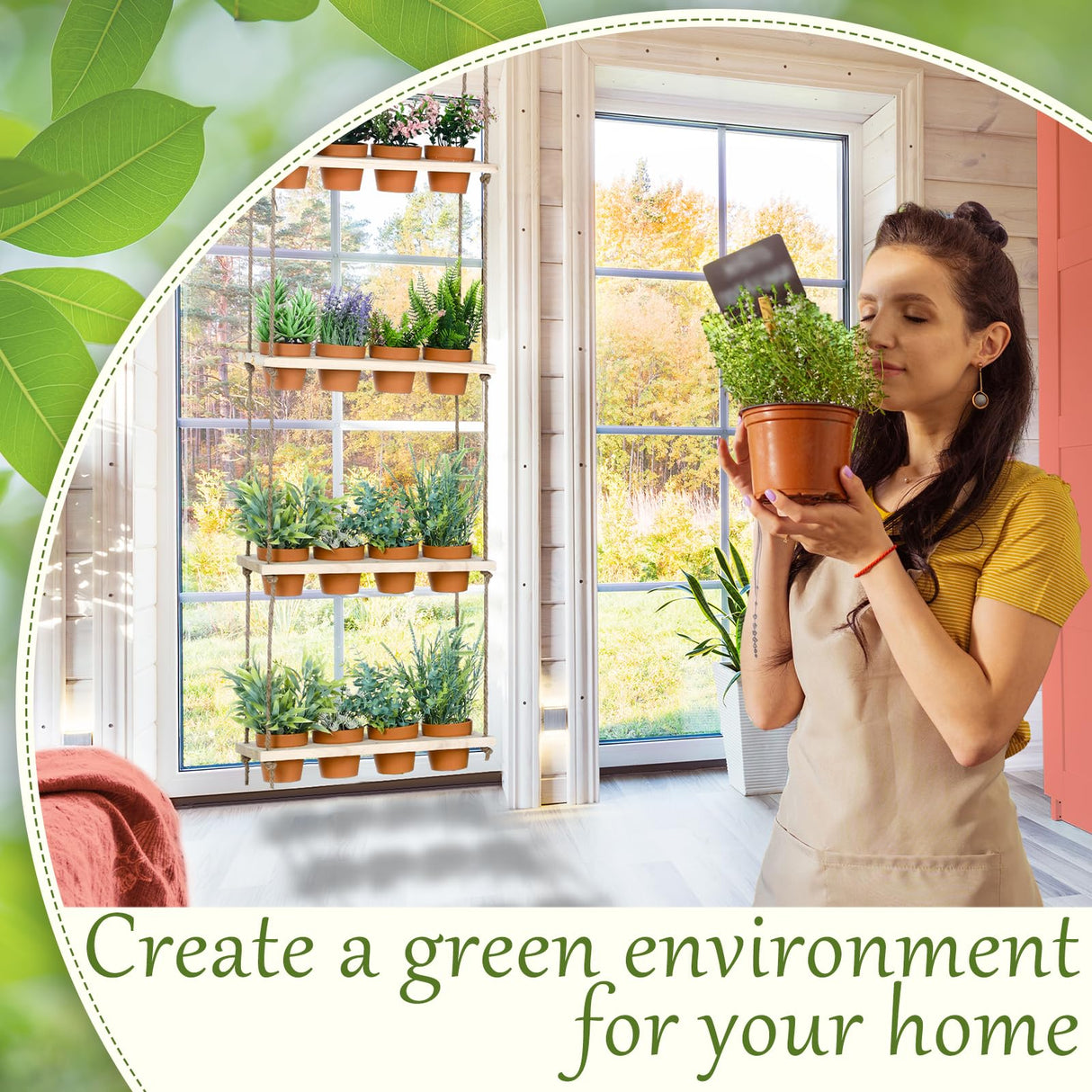 FillTouch 4 Tiered Hanging Herb Garden Wall Hanging Herb Planters with 16 Pcs Nursery Pot Wood Vertical Hanging Window Plant Shelf with Holes and FillTouch