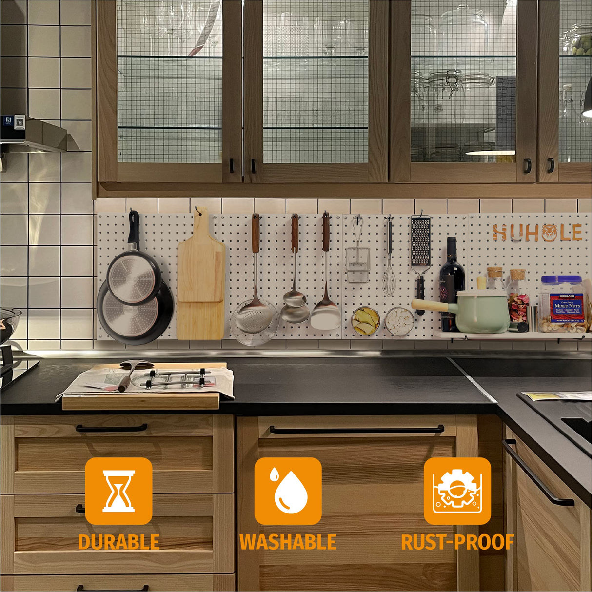 HUHOLE White Pegboard Organizer, Metal Pegboard Panels, 32-inch X 32-inch Metal Peg Board for Garage Tool Organization, 4PC HUHOLE