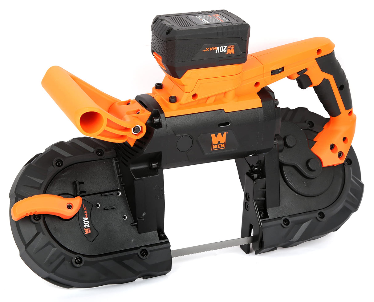 WEN Cordless Portable Bandsaw for Metal with Variable Speed, 20V Max 5.0 Ah Lithium-Ion Battery, and Charger (20496), Black WEN