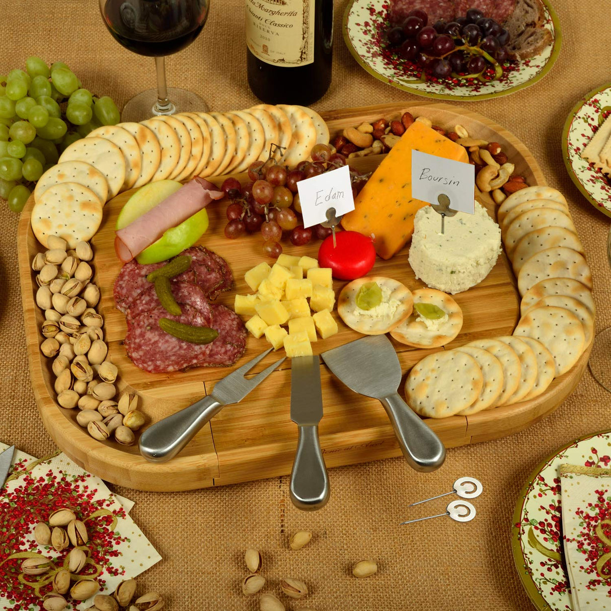 Custom Personalized Engraved Bamboo Cheese/Charcuterie Cutting Board with Knife Set & Cheese Markers- Designed & Quality Checked in USA Picnic at Ascot