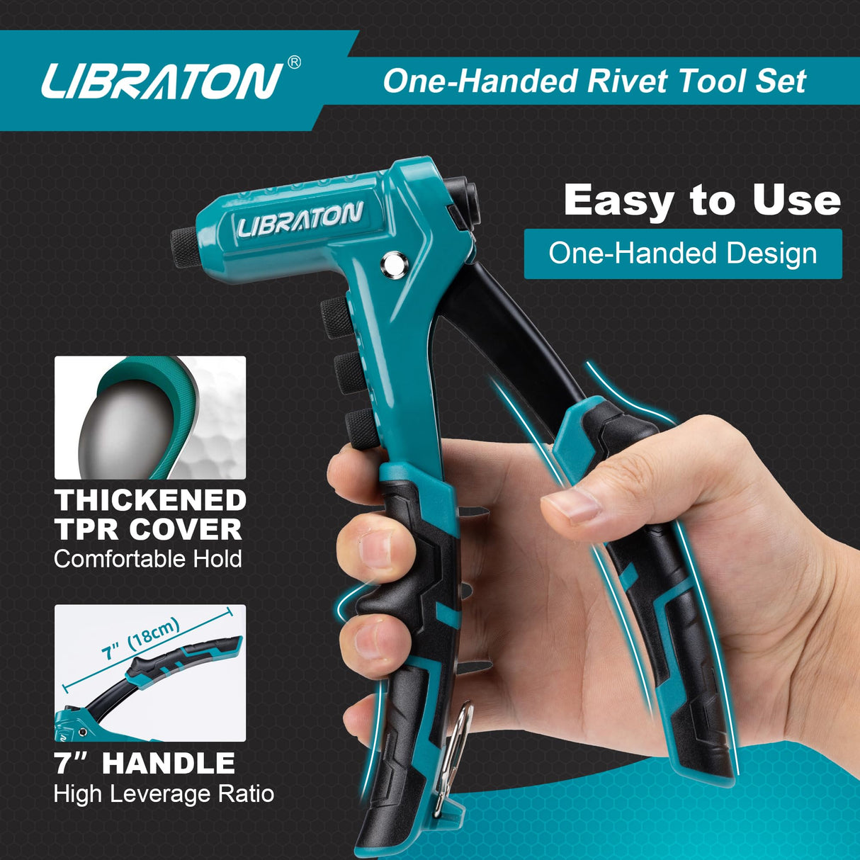 Libraton One-Handed Rivet Gun, Pop Rivet Gun Set, Professional Hand Riveter, Manual Riveting Tool with 200 Rivets for Metal, Includes 4 Drill Bits, 4 LIBRATON
