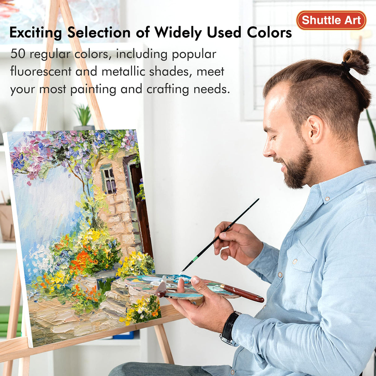 Shuttle Art Canvas Panels and Acrylic Paint Bundle, Art Painting Supplies Set for 50 Colors Acrylic Paint Bottles (60ml/2oz) & 50 Pack Canvas Shuttle Art