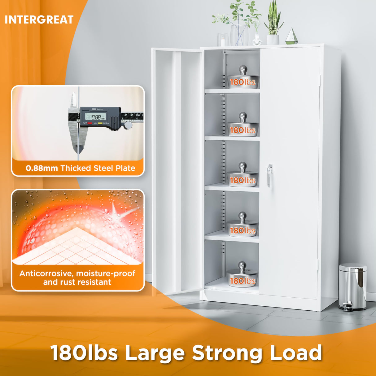 INTERGREAT Metal Storage Cabinet with Lock, 72" Office Storage Cabinet with Locking Doors and 4 Adjustable Shelves, White Lockable Steel Cabinet for INTERGREAT