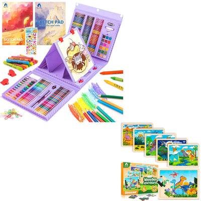 240 Piece Art Set & 6 Pack Wooden Dinosaur Puzzles for Kids