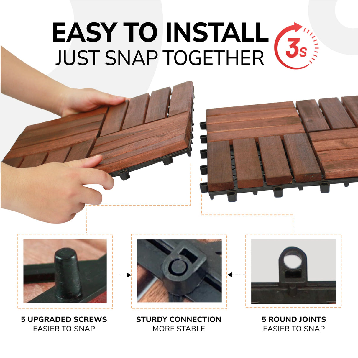 CLOVERHOLM Interlocking Deck Tiles-10PCS Waterproof Acacia Wood Patio Tiles, Easy Snap Flooring Tiles for Indoor and Outdoor,Balcony, Entry, Poolside CLOVERHOLM