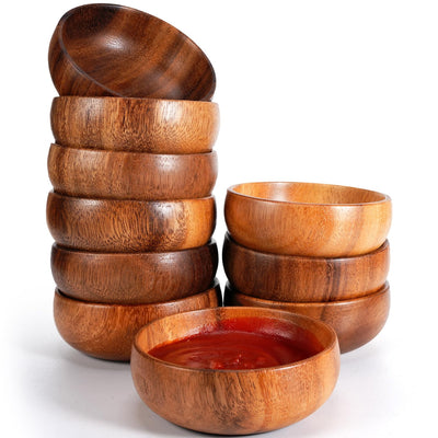 Skylety 10 Pcs Acacia Wooden Bowls Small Calabash Bowls Round Wood Salad Bowl Hand Carved Calabash Dip Tray for Serving Popcorn Pasta Candy Cereal