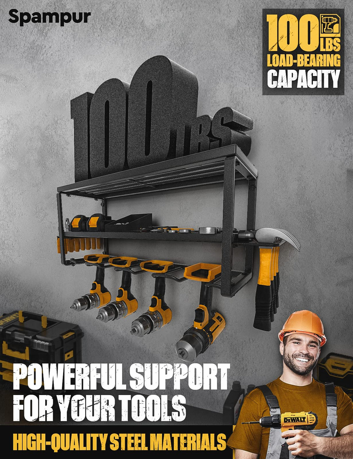 Spampur Power Tool Organizer with Charging Station, 4 Drill Holder Wall Mount, Garage Storage Rack for Handheld, Metal Tool Shelf Utility Rack for Spampur