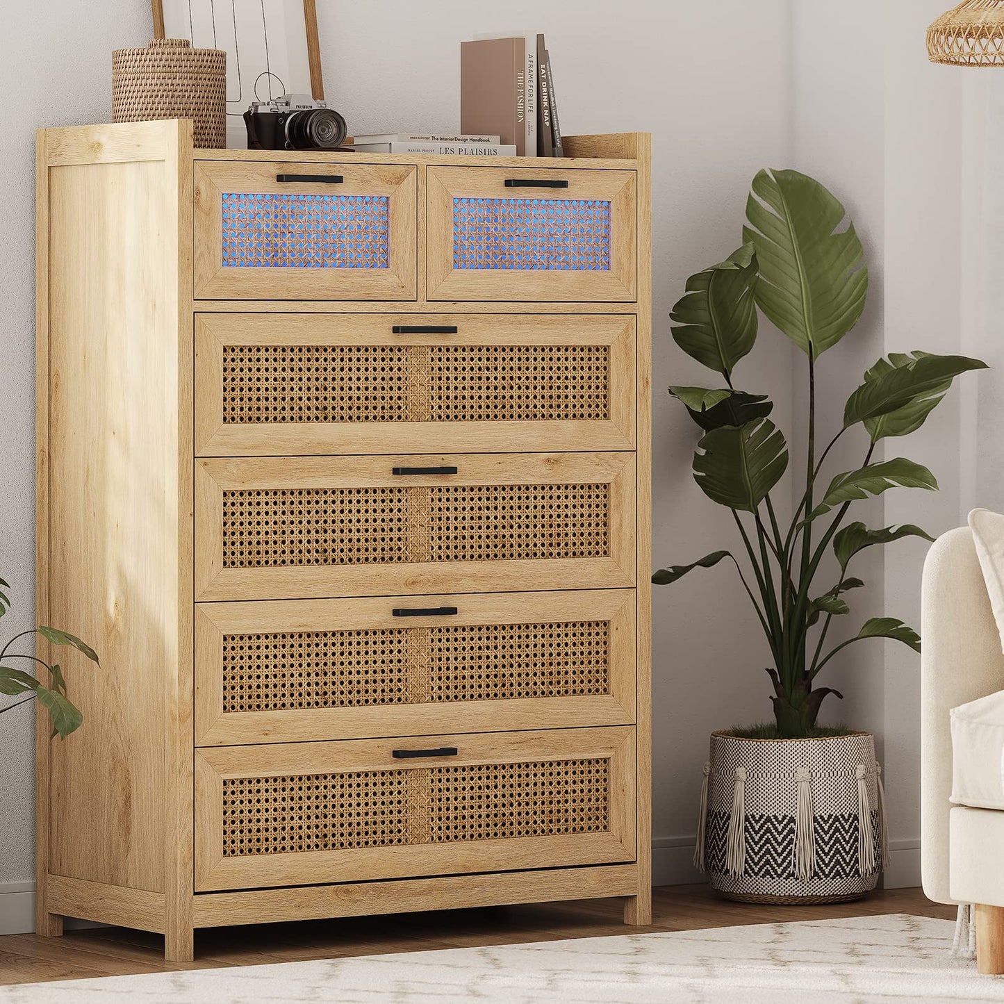 AOGLLATI 6 Drawer Dresser for Bedroom, Natural Rattan Wood Dressers with Led Light, Tall Dressers & Chests of Drawers, Bedroom Closet Dresser for