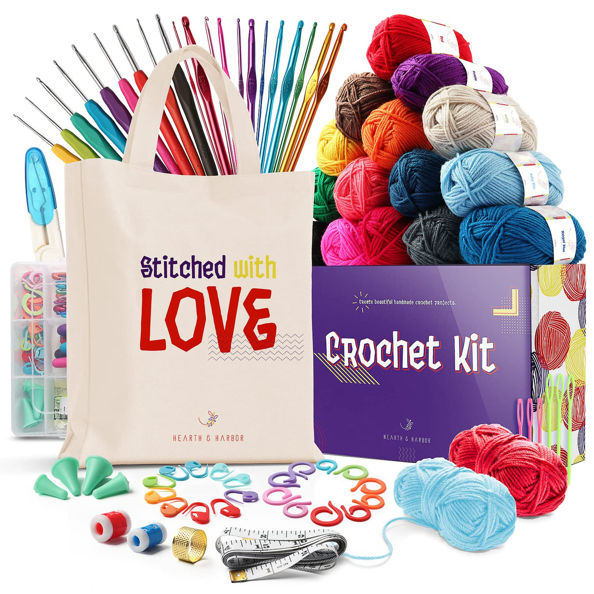 Hearth & Harbor Crochet Kit for Beginners Adults, Kids and Professionals, Learn to Crochet– 73 Piece Crochet Set with Crochet Yarn and Crochet Hook Hearth & Harbor