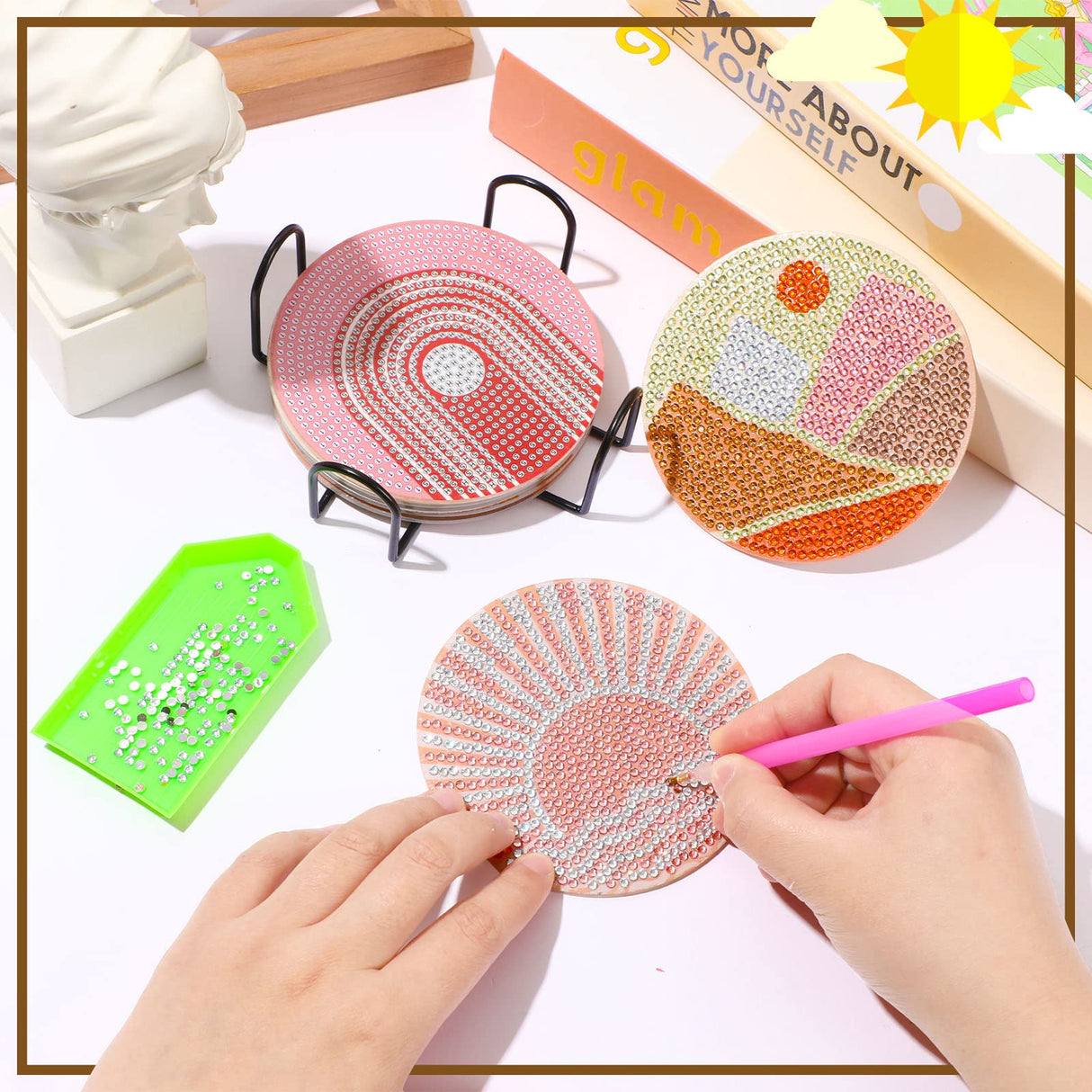 UPINS 8Pcs Boho Diamond Art Painting Coasters for Drinks DIY Coaster Diamond Art Kits for Adults Kids Beginners Diamond Art Craft Supplies (Boho) UPINS