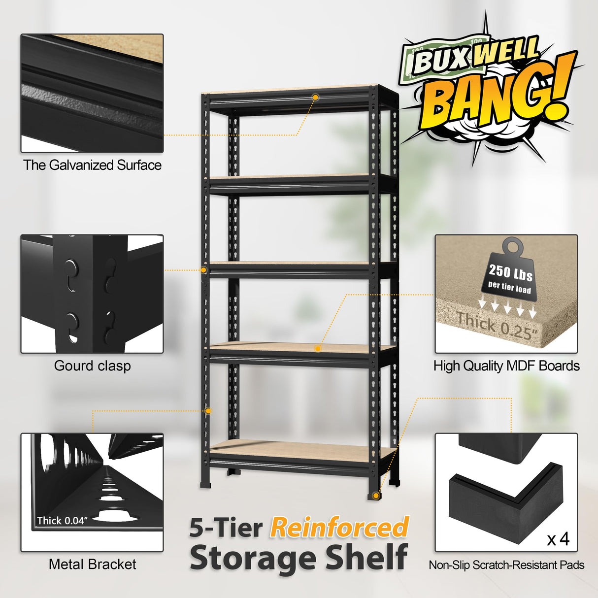 BuxWellBang 5-Shelf Heavy Duty Shelving - Adjustable Garage Storage Shelves, Metal Utility Storage Racks for Warehouse Pantry Basement Kitchen, BuxWellBang