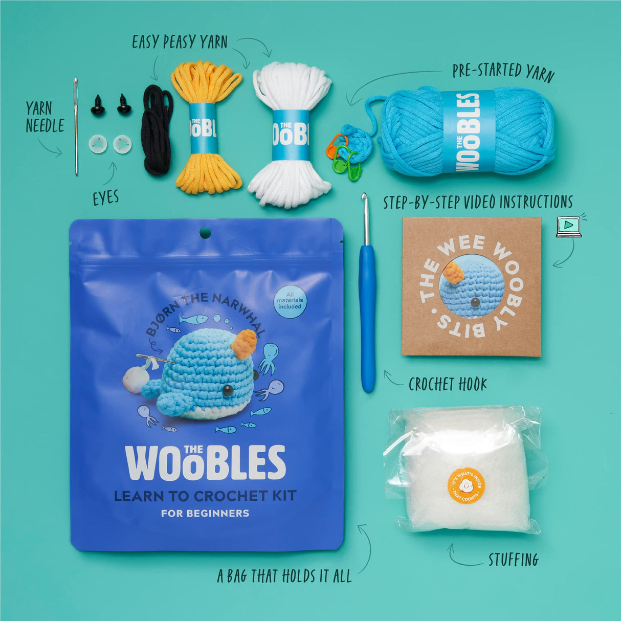 The Woobles Beginners Crochet Kit with Easy Peasy Yarn as seen on Shark Tank - Crochet Kit for Beginners with Step-by-Step Video Tutorials - Bjørn The Woobles